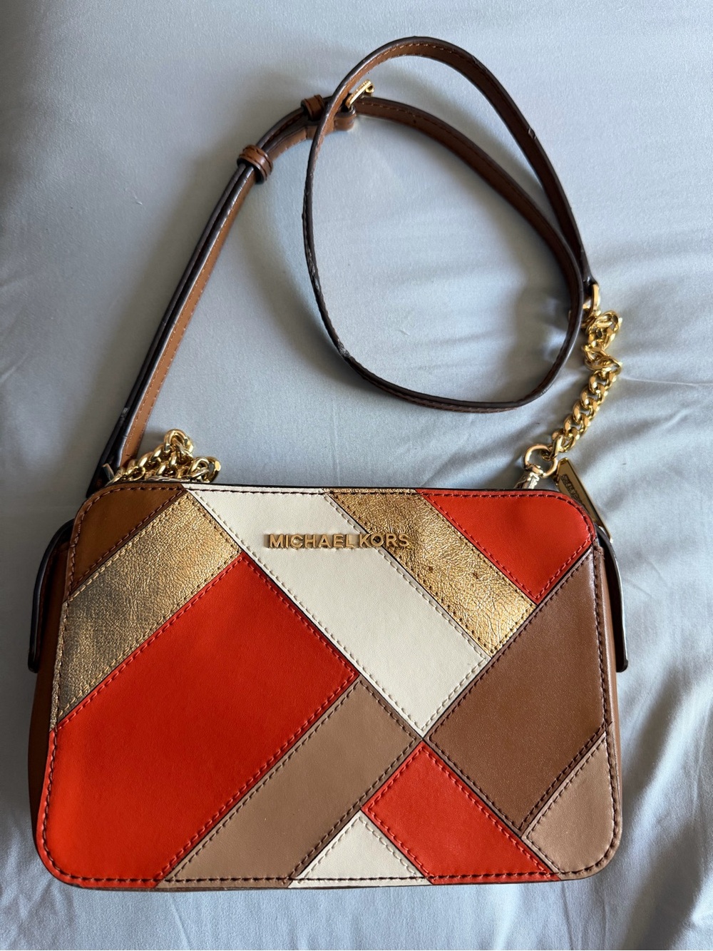 Michael Kors Patchwork Leather Crossbody in Red, Brown, Cream & Gold